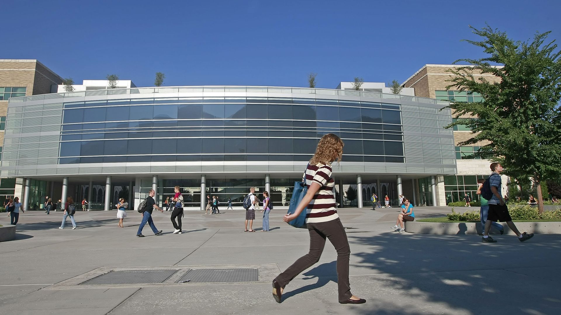 tudents make their way across the campus of Brigham Young University in Provo, Utah.