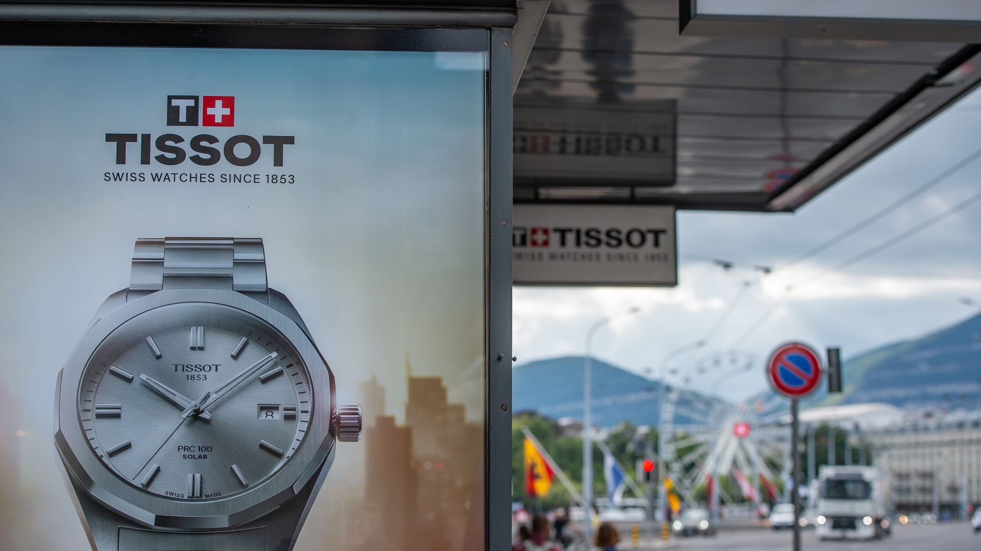 General view of the Tissot store with the MontBlanc bridge visible in the background on August 2, 2025 in Geneva, Switzerland. 