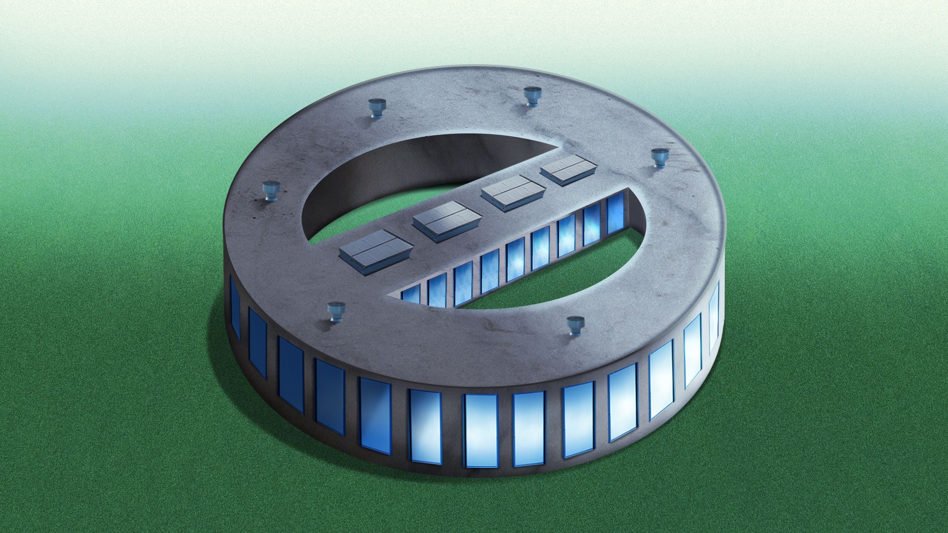 Illustration of a data center in the shape of a "no" symbol