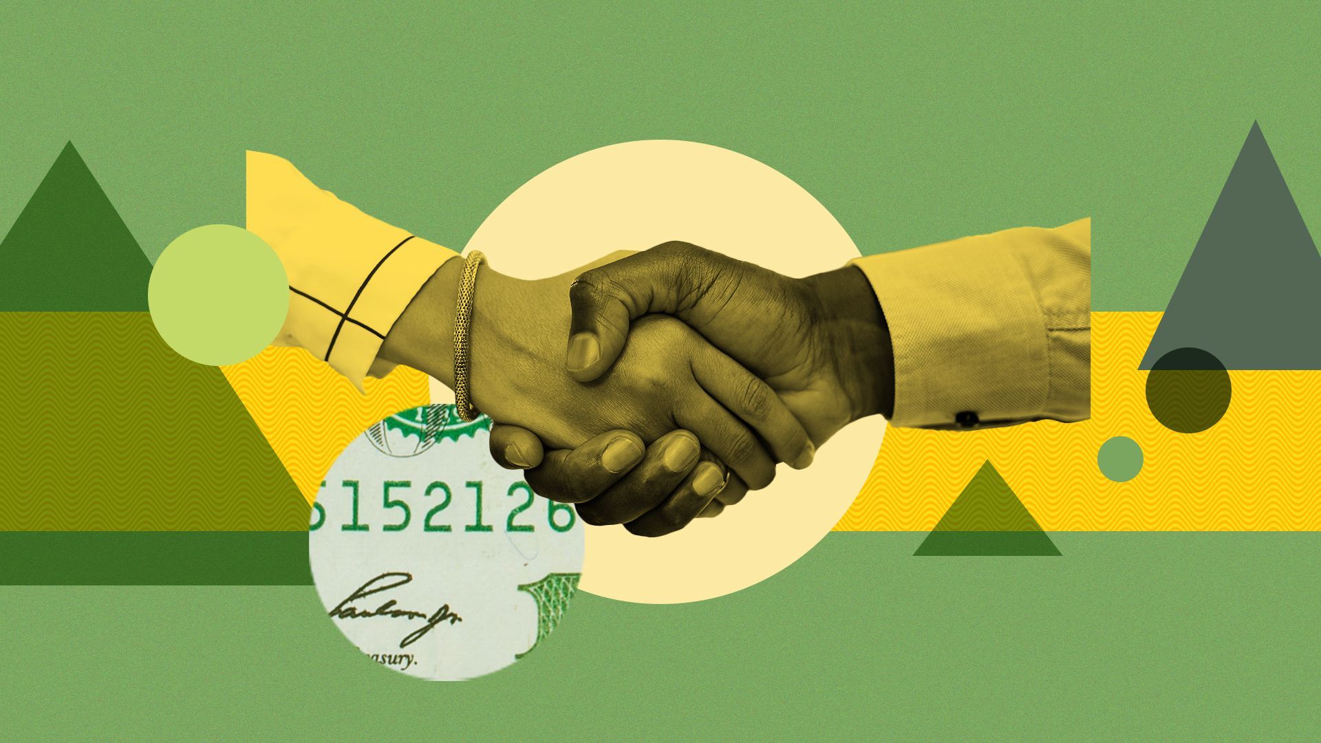 Illustration of a handshake with shapes and dollar elements.