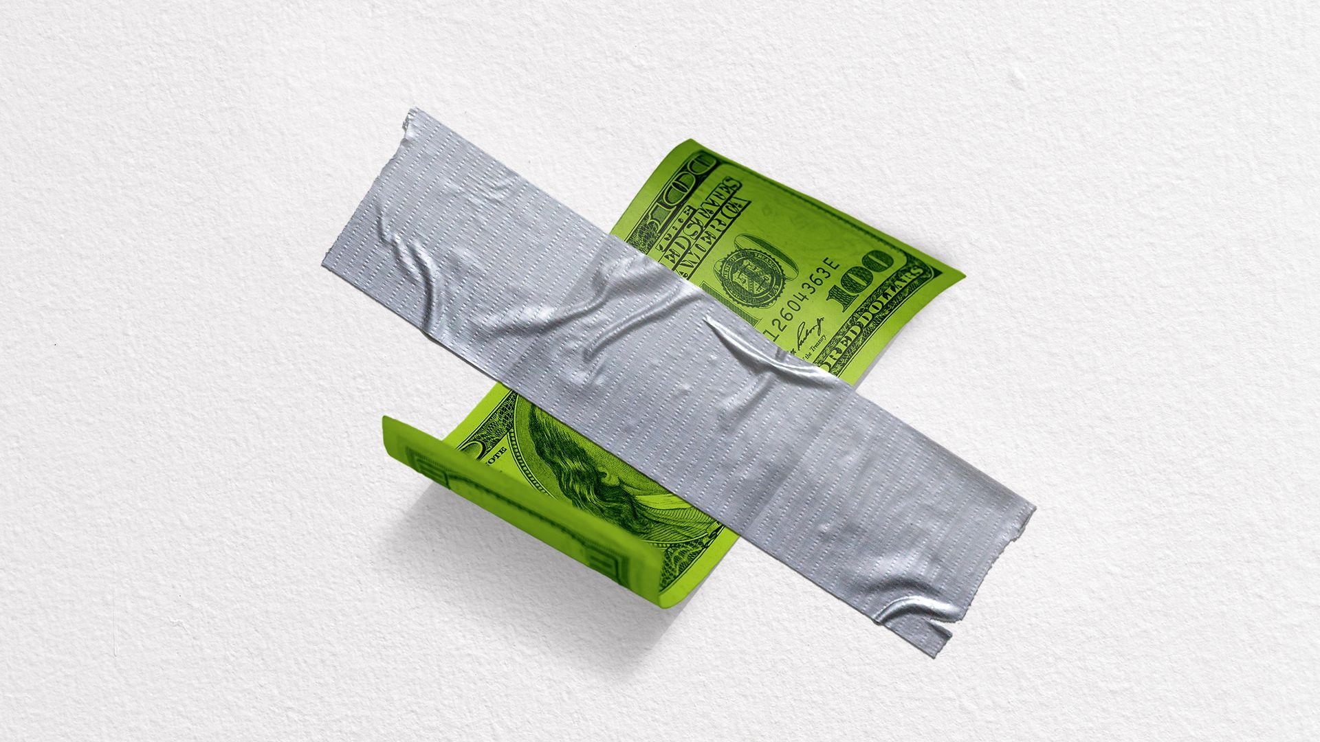 Illustration of a hundred dollar bill that's duct taped to a wall. 