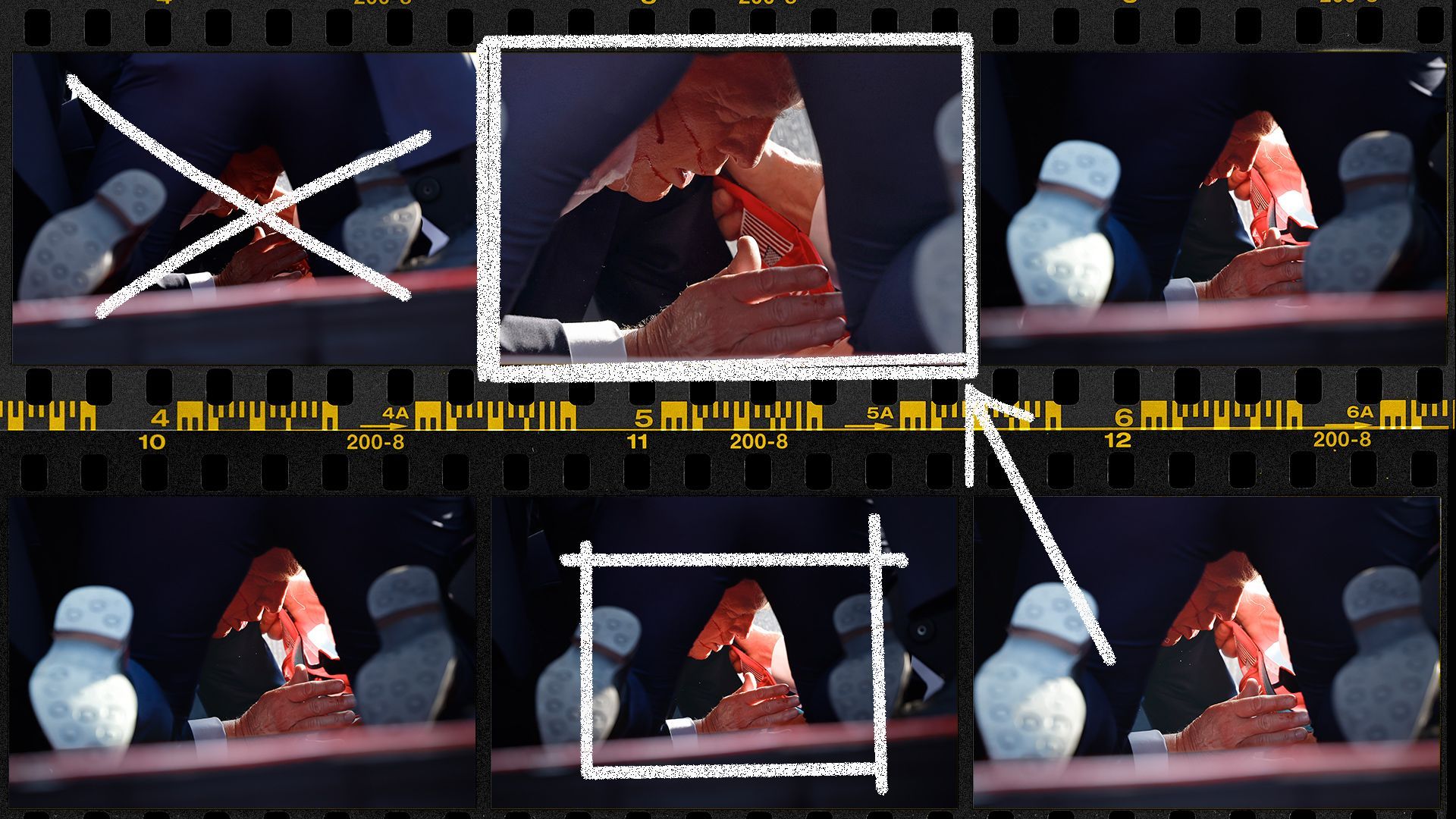 Photo illustration of a contact sheet showing different angles of Anna Moneymaker's photograph, with grease pencil marks highlighting the main photo. 