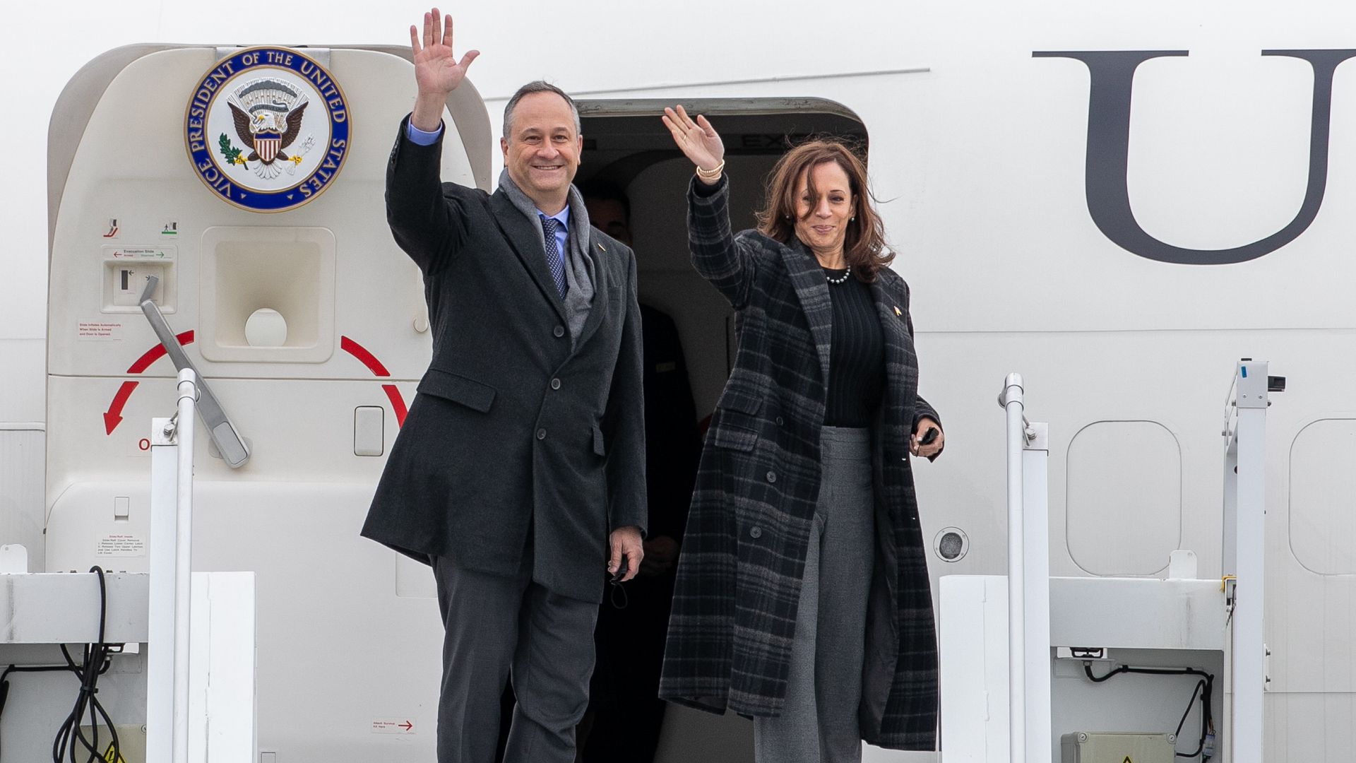 Vice President Kamala Harris and her husband, Douglas Emhoff, leave France on Nov. 13 at Orly Airport in Paris.