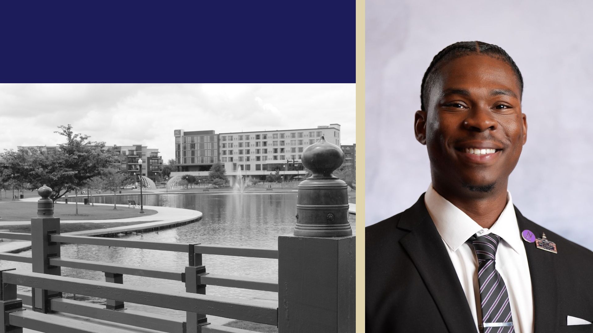 Two-panel collage: dark blue header; left black-and-white park scene with a fountain and railing; right color portrait of a smiling man in a suit against a pale purple background, separated by a beige divider.
