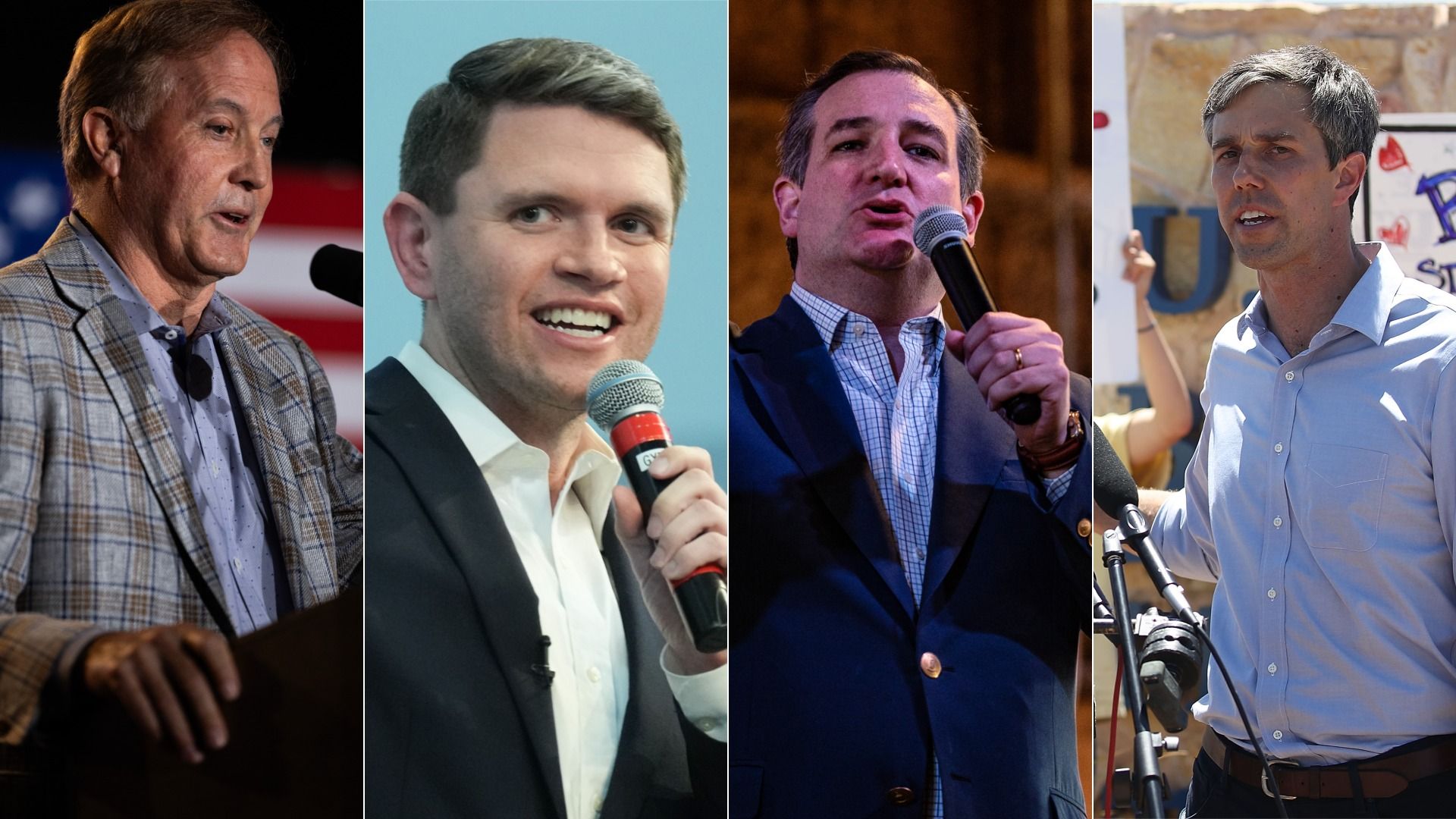 Four-panel collage of male speakers: left, older man in gray plaid blazer at a podium; second, man in dark suit with handheld mic; third, man in navy blazer speaking into a mic; fourth, man in light blue shirt outdoors with mics nearby.