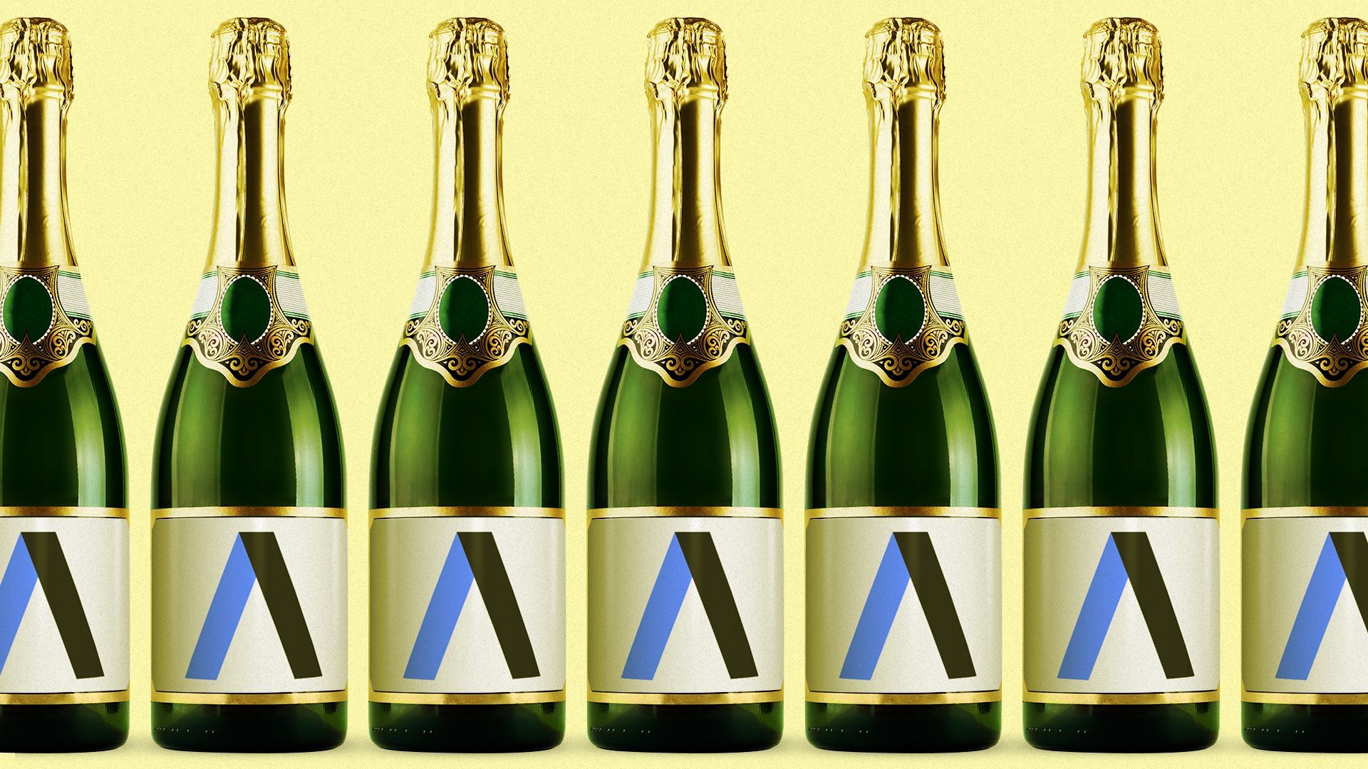 Illustration of a line of champagne bottles with the Axios logo