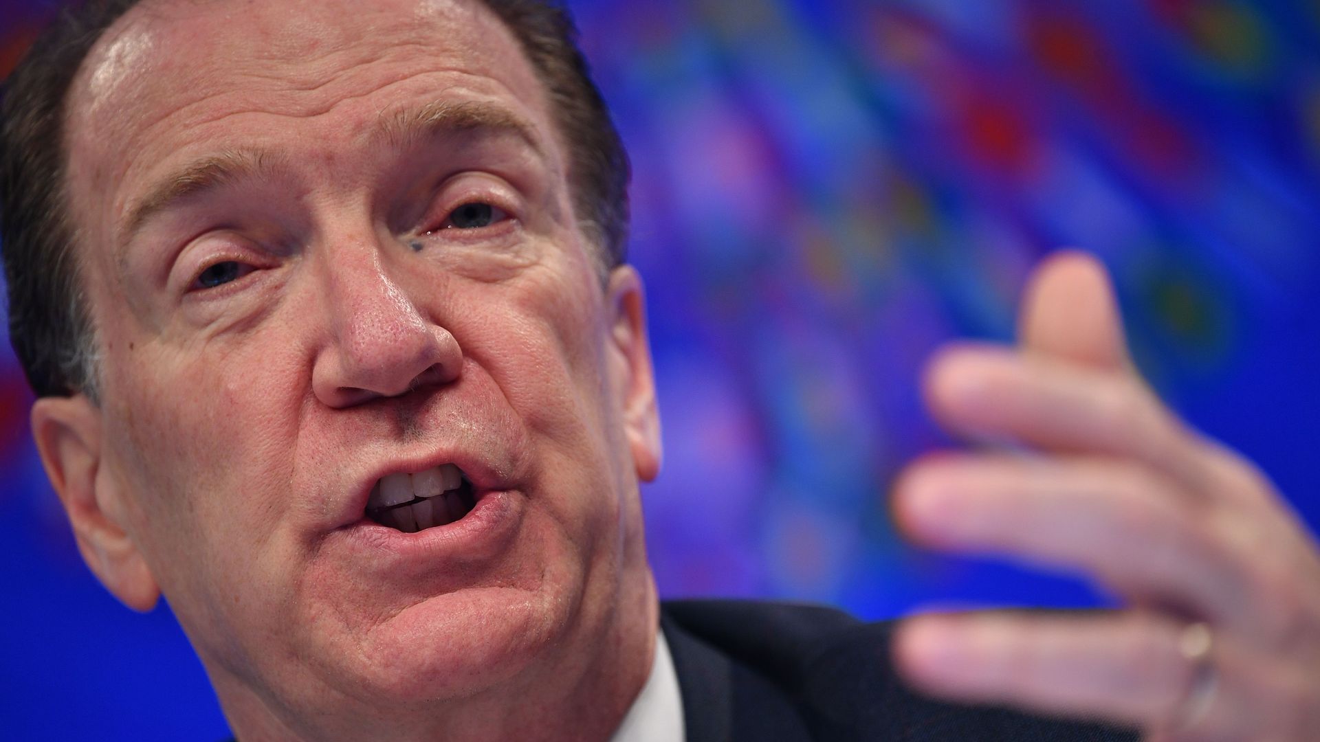 World Bank President David Malpass speaks during a press conference during the International Monetary Fund - World Bank Spring Meetings at IMF Headquarters in Washington, DC