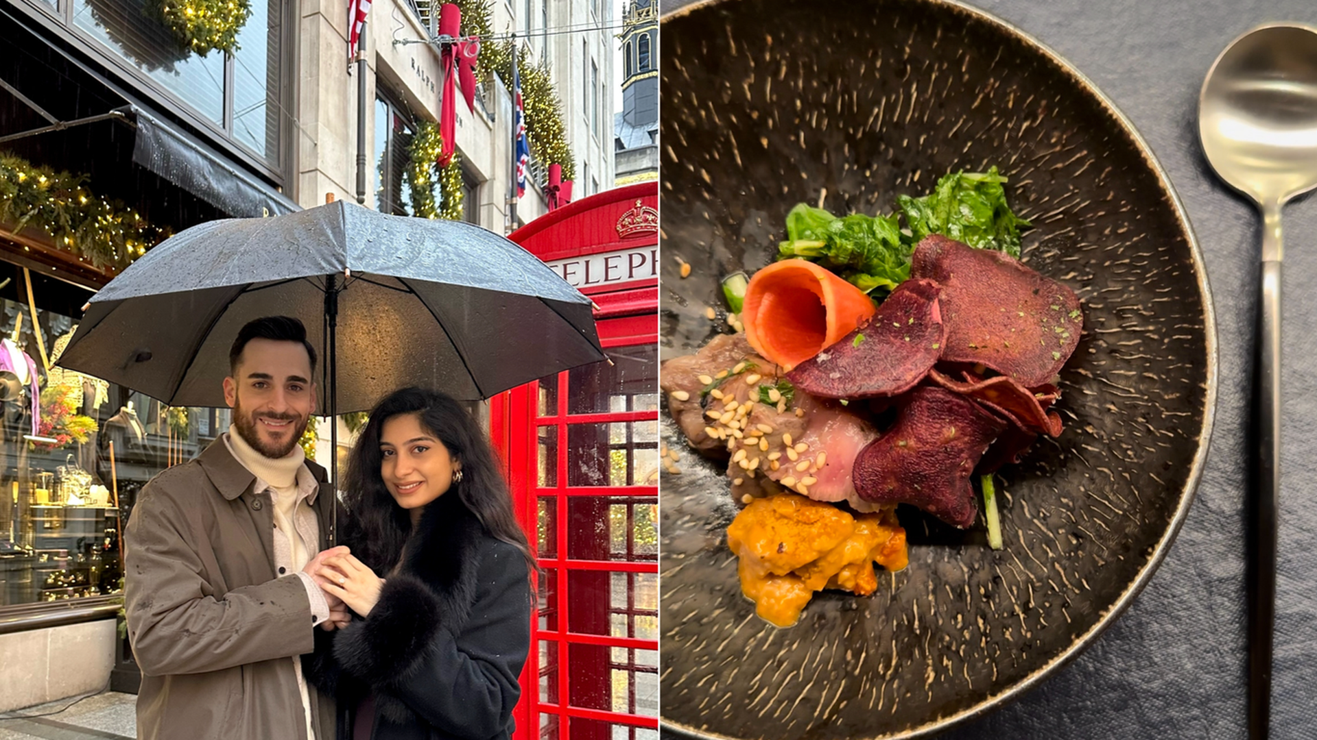Two photos. The one on the left shows a couple smiling at the camera standing outside under an umbrella. There's a red telephone booth next to them. The photo on the right is showing a bowl of gourmet food. There's a spoon sitting to the right of the bowl.