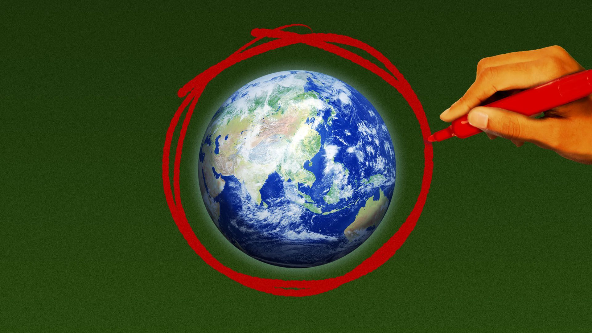 Illustration of a hand circling the earth with a marker