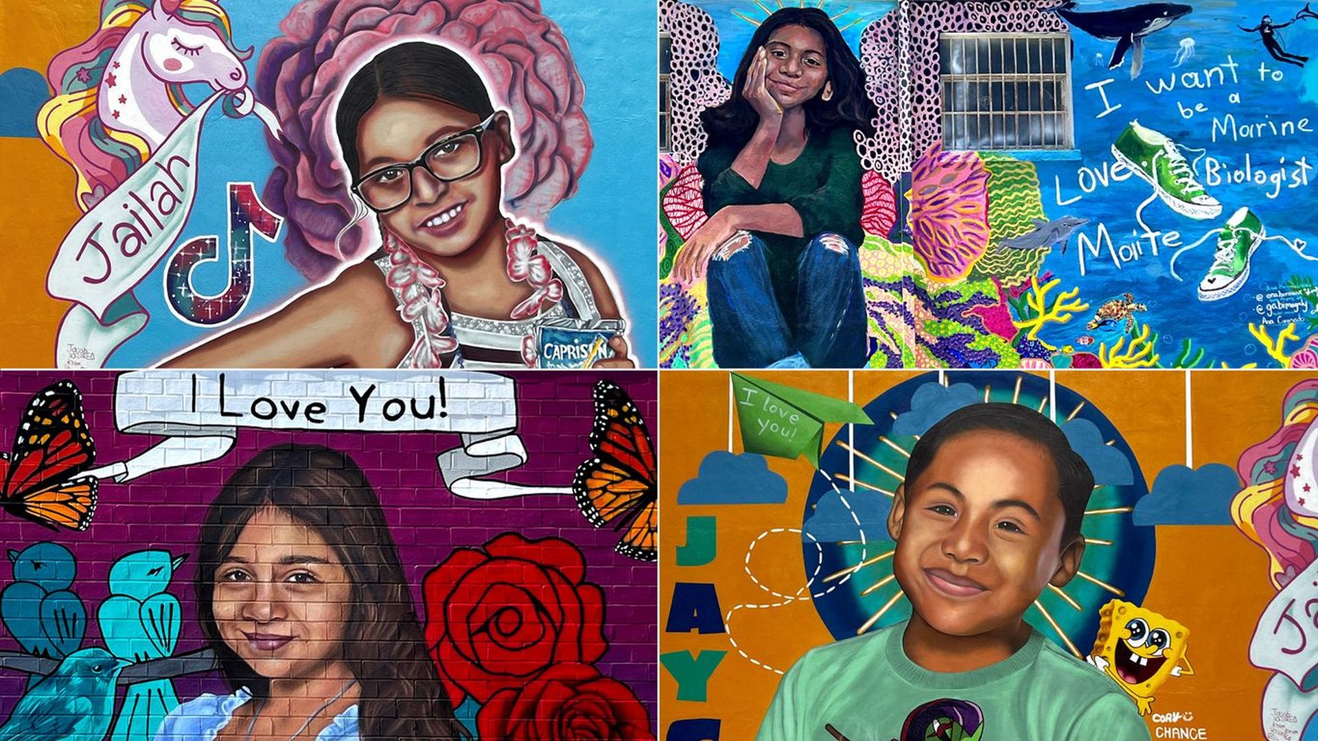 A collection of four photos of four colorful murals in uvalde, Texas, for victims of the 2022 mass shooting at Robb Elementary 