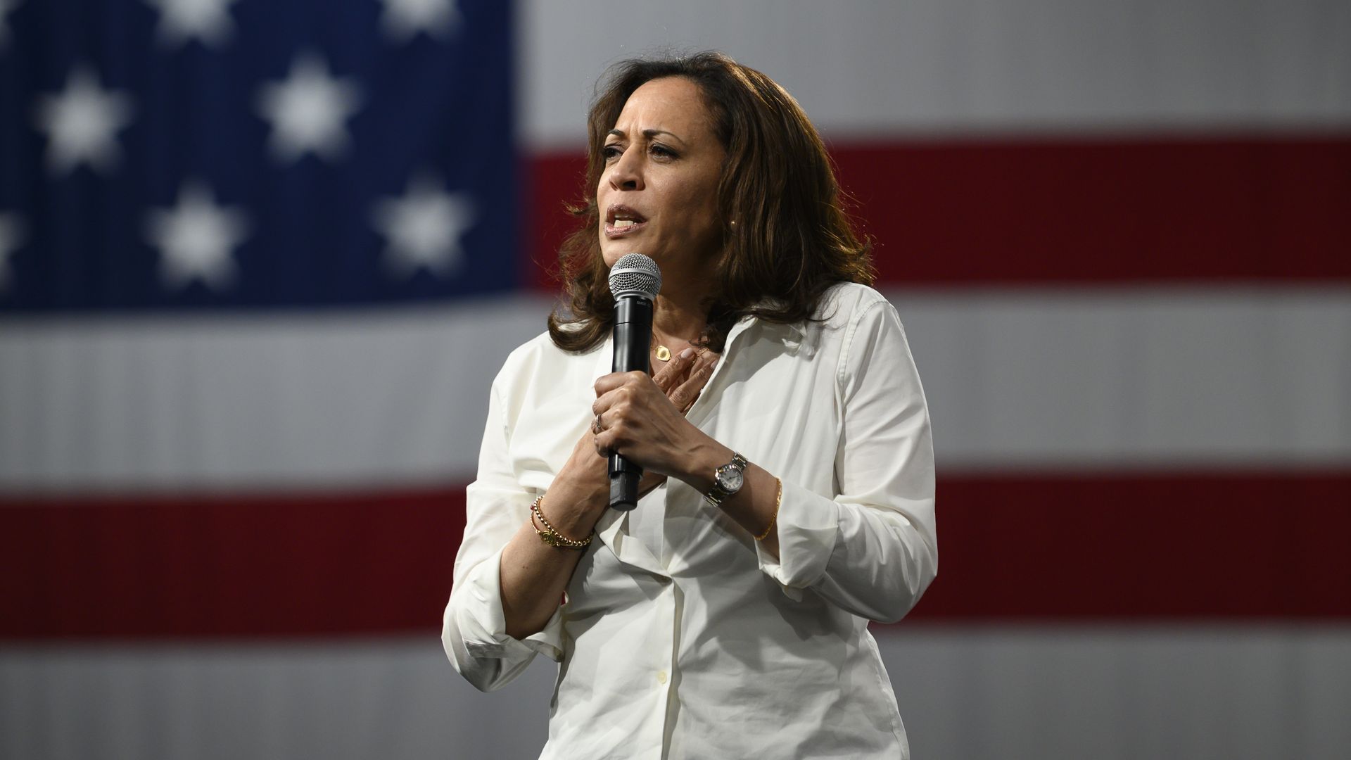 Democratic presidential candidate Sen. Kamala Harris (D-CA) speaks on stage during a forum on gun safety at the Iowa Events Center on August 10, 2019 in Des Moines, Iowa. 