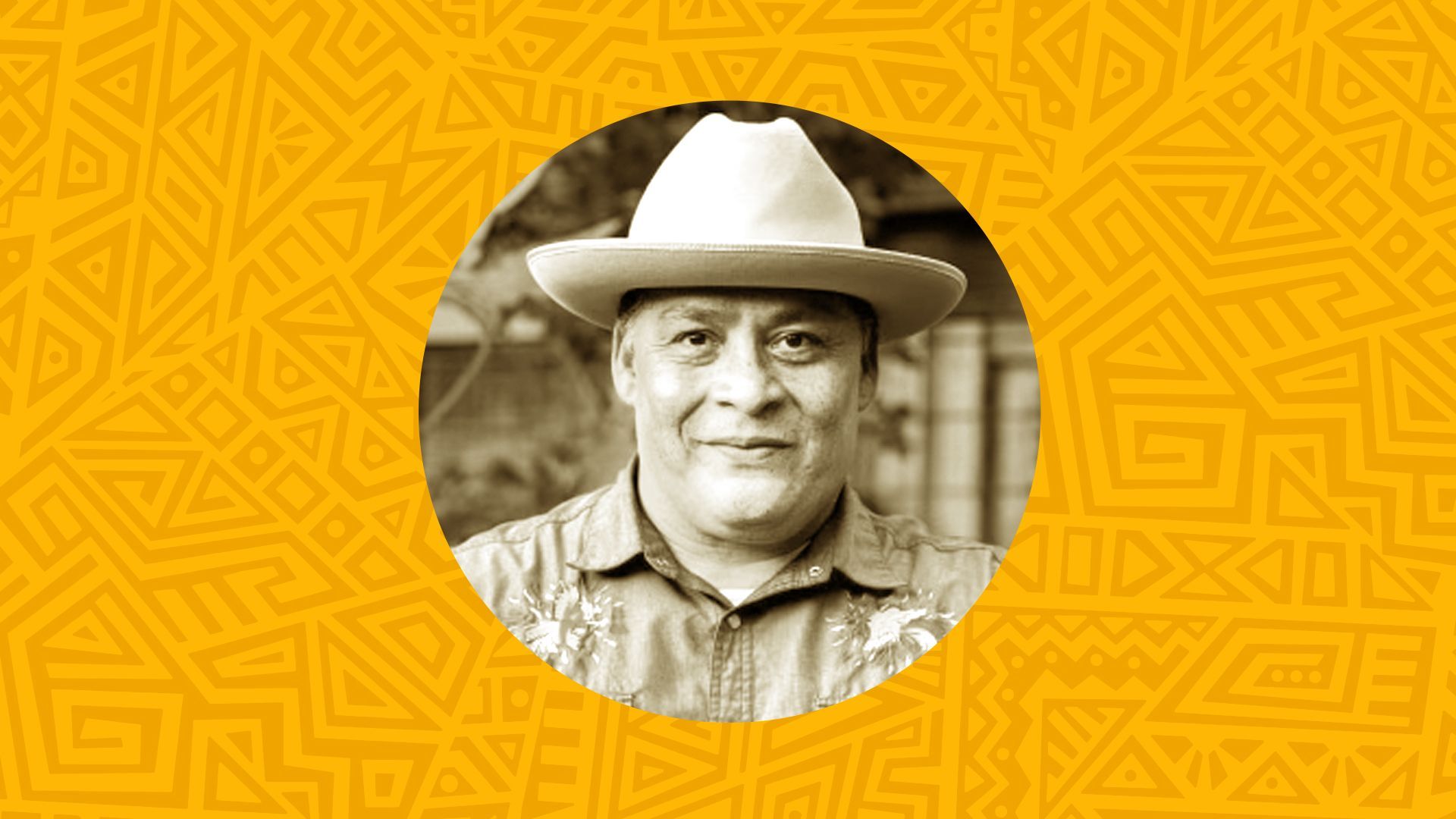 Photo illustration of Mando Rayo against a patterned abstract background. 