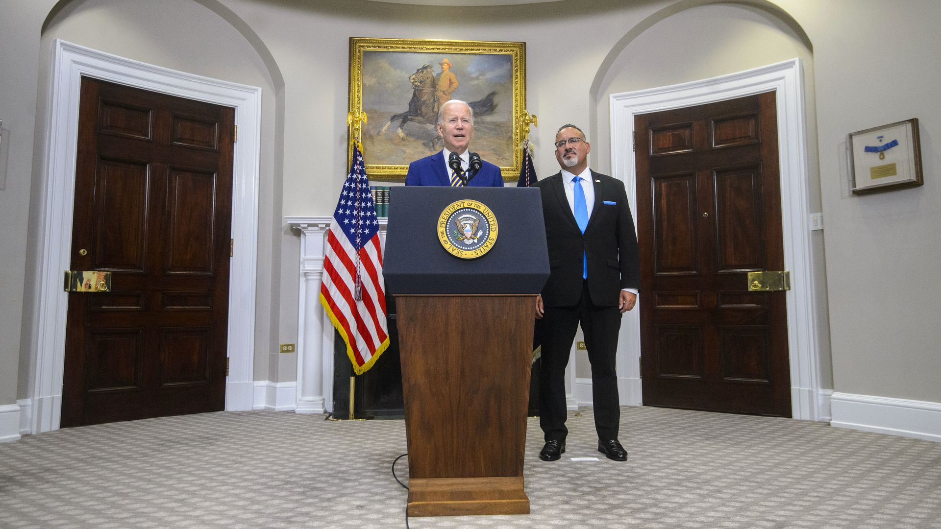 President Biden with Secretary of Education Miguel Cardona in the White House in August 2022.