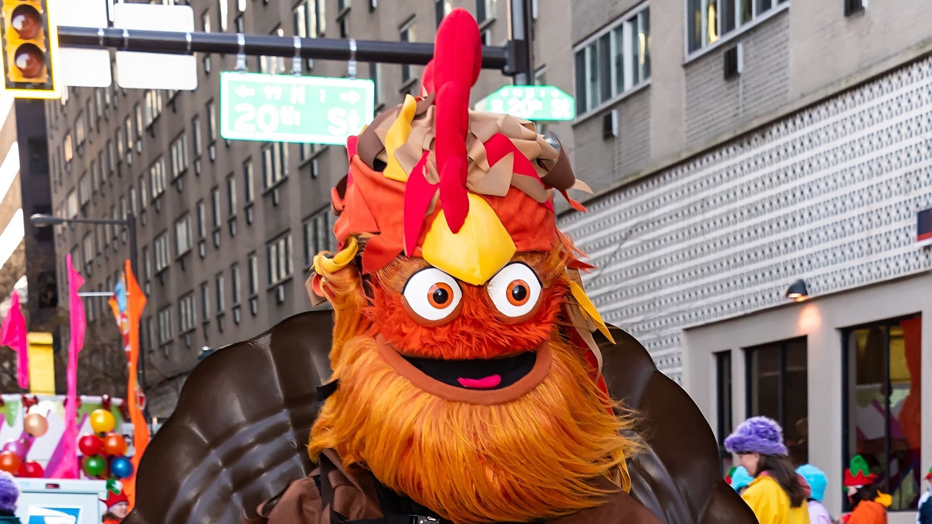 Philadelphia Flyers mascot Gritty attends the 100th 6abc Dunkin' Donuts Thanksgiving Day Parade on Nov. 28, 2019. Photo by Gilbert Carrasquillo/Getty Images