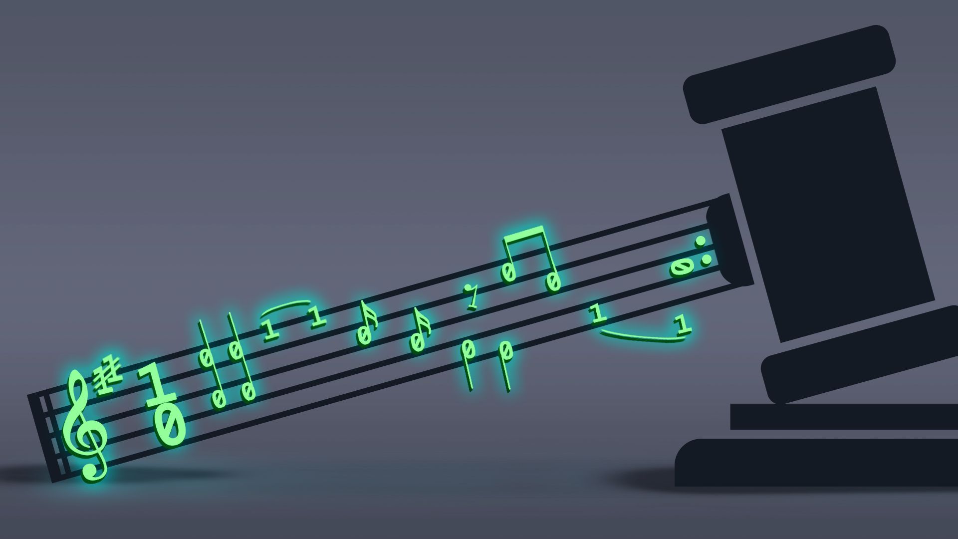 Illustration of a gavel icon with the handle made from a music staff covered in music notes made from zeroes and ones.