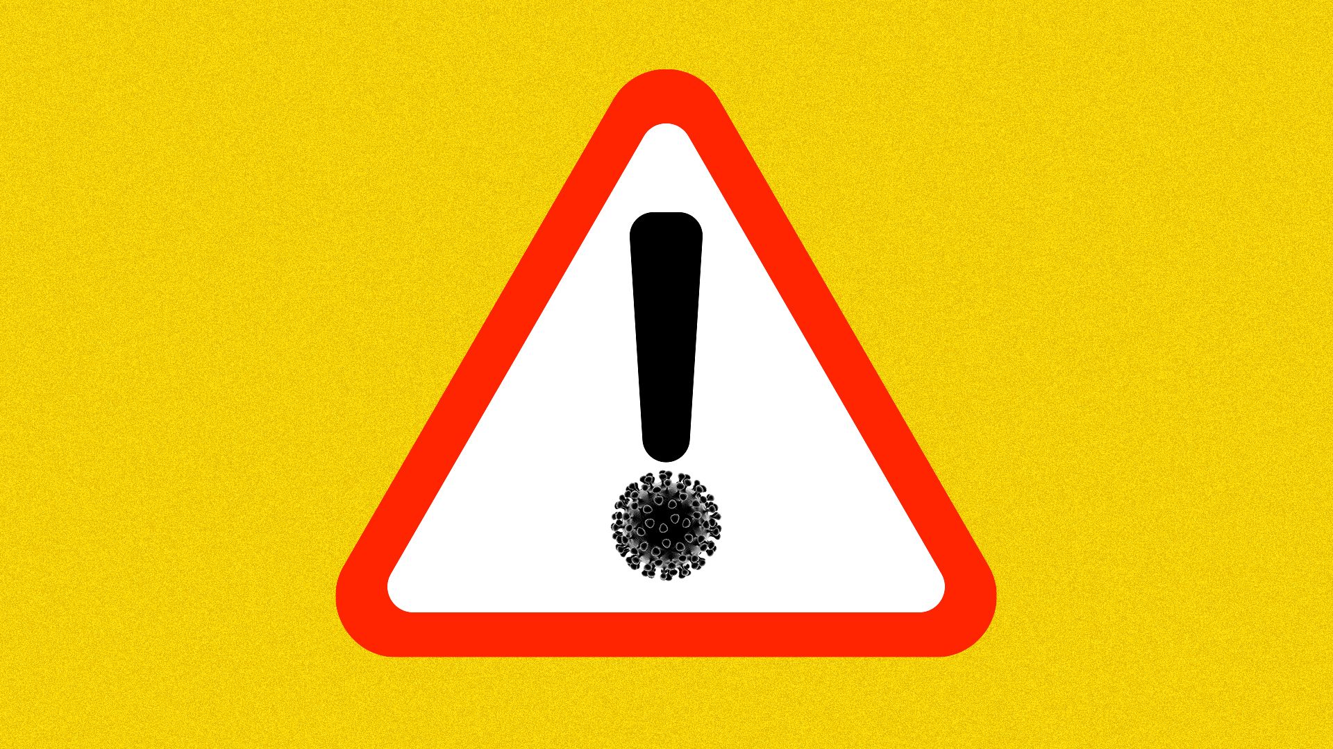 Illustration of an exclamation point sign with a virus cell as the dot on the exclamation point. 