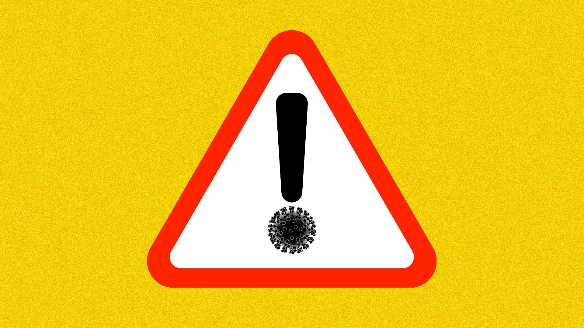 Illustration of an exclamation point sign with a virus cell as the dot on the exclamation point.