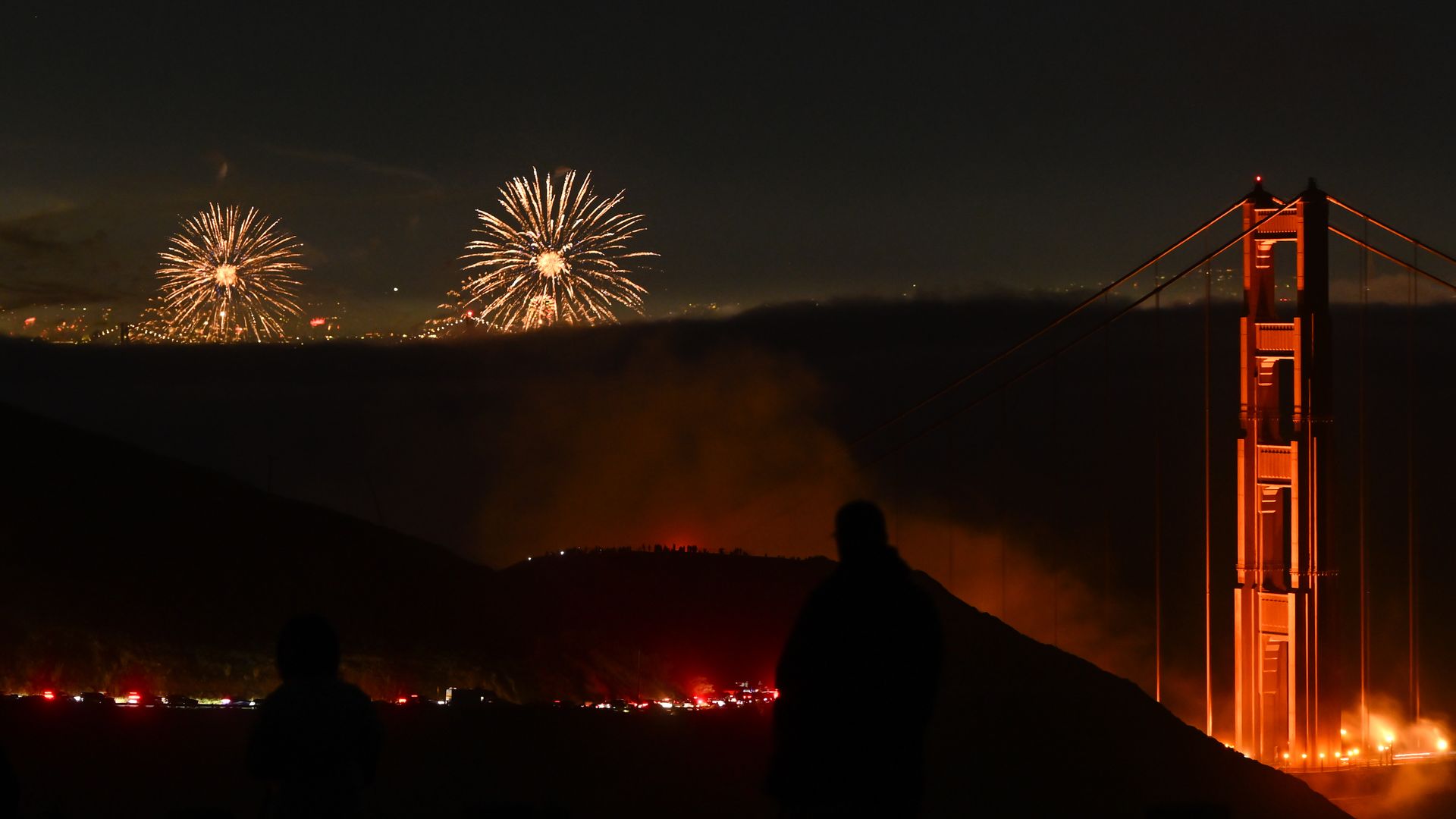 SAN FRANCISCO, CA - JULY 4: Fireworks illuminate the sky over San Francisco's Golden Gate Bridge as seen from Marin Headlands in Sausalito, California, United States on July 4, 2024. (Photo by Tayfun Coskun/Anadolu via Getty Images)