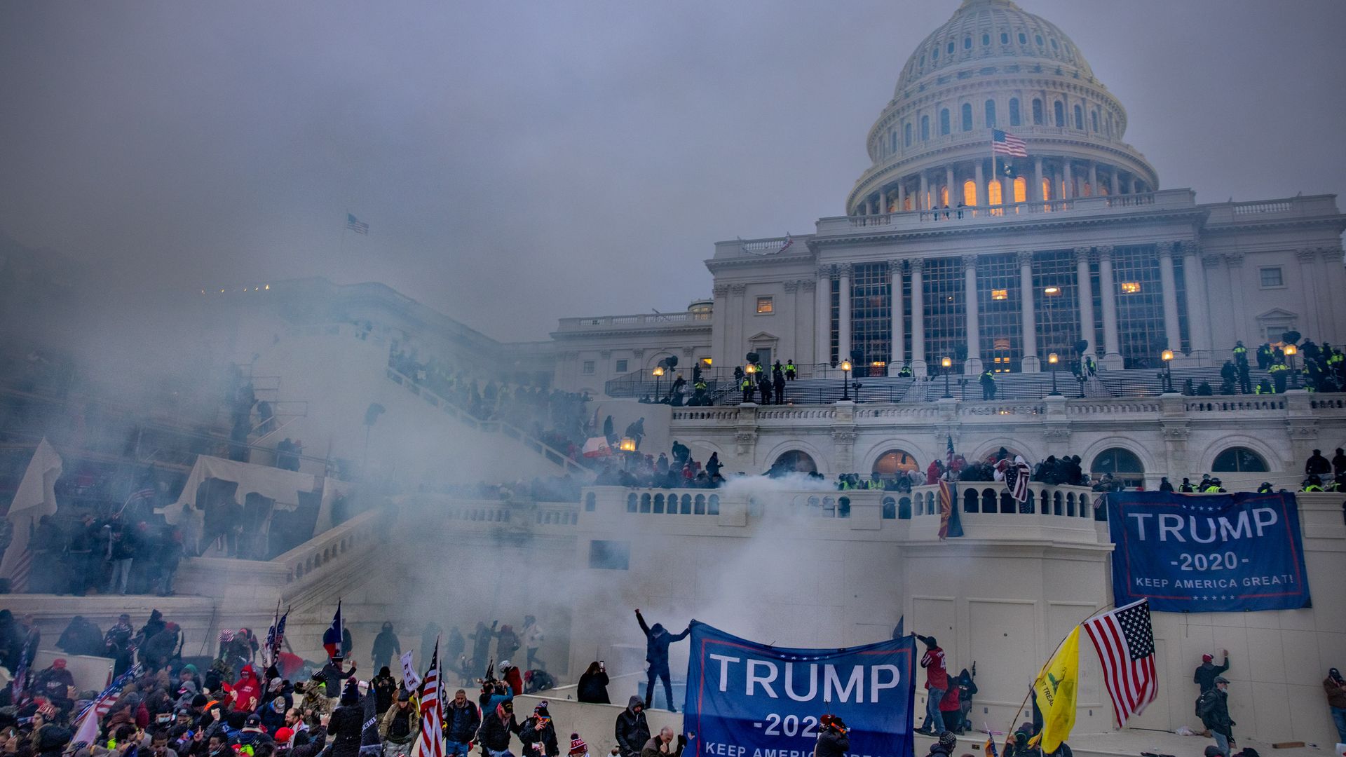  Tear gas is fired at supporters of President Trump who stormed the United States Capitol building. 