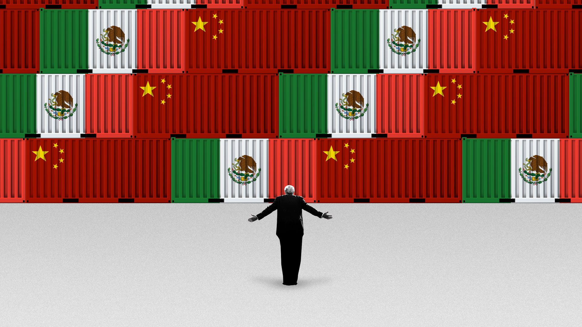 Illustration of President Trump standing in front of a wall of shipping containers with the flags of China and Mexico on them. 