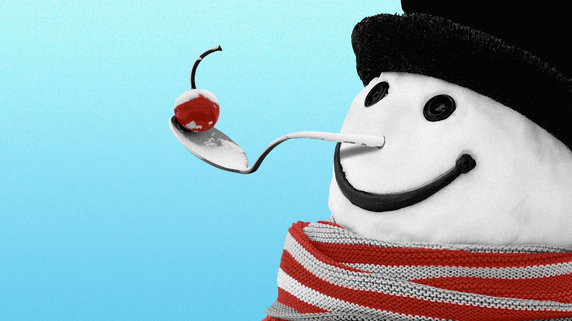 Illustration of a snowman with a spoon and cherry as the nose.
