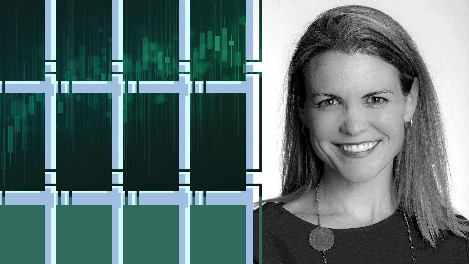 Photo illustration of Maureen Davenport surrounded by an abstract representation of the KPMG logo. 1