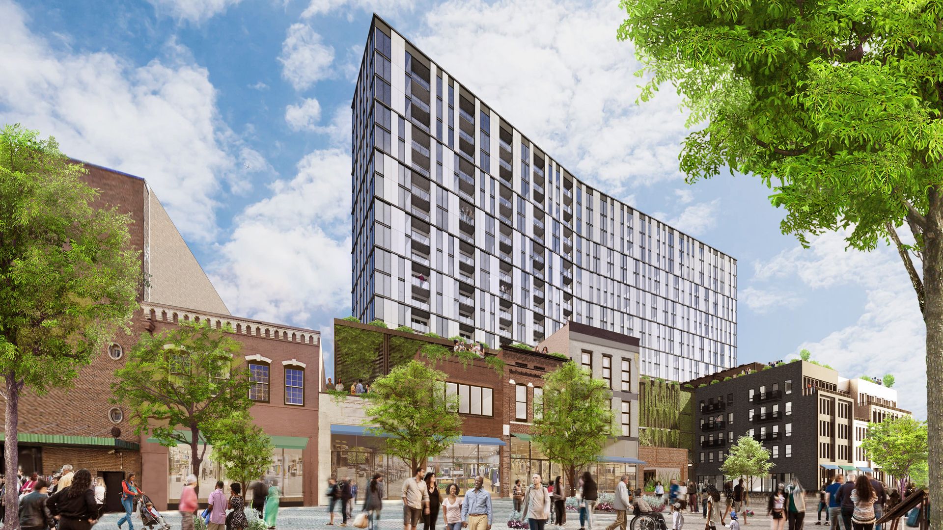 A rendering of people walking on Broad Street on a sunny day with a tall new building behind them