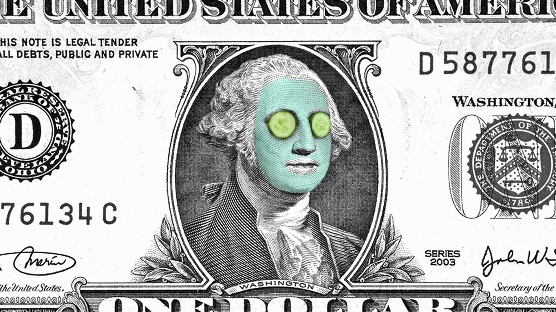 illustration of a dollar bill with george washington wearing a blue clay face mask and cucumber slices over his eyes