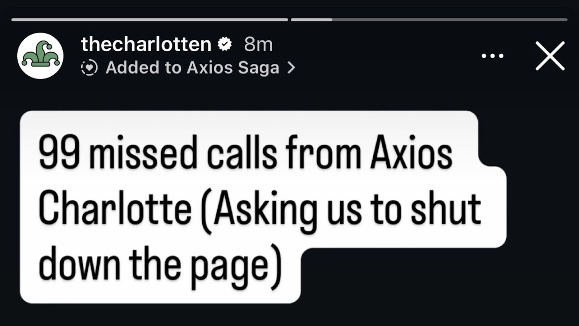 Instagram story from thecharlotten with 99 missed calls from Axios Charlotte demanding they shut down, showing 25K followers circled, caption says "I hung up for each 25K of you. Love yall."