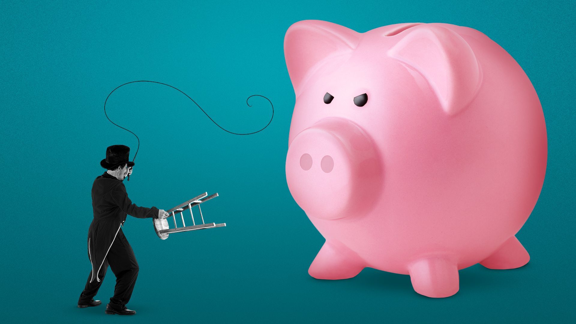 Illustration of a lion tamer with a whip and stool taming a giant piggy bank.