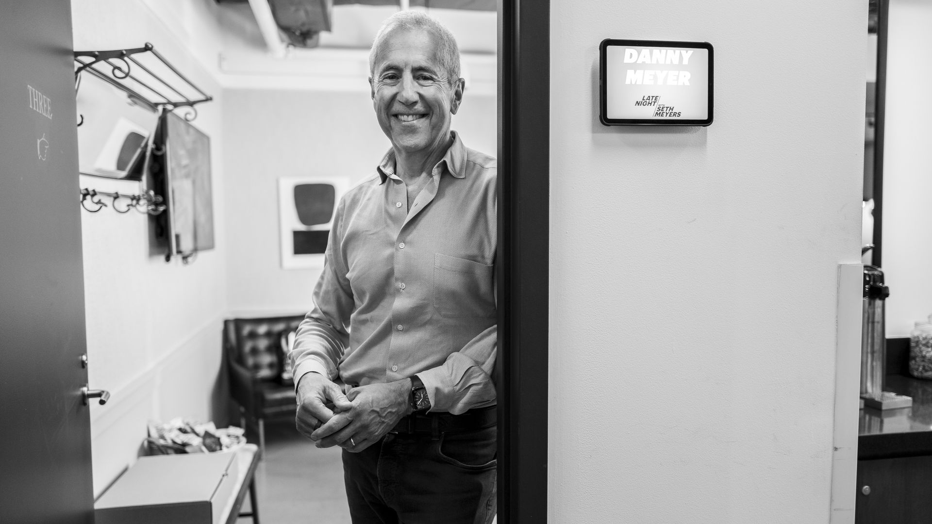 Danny Meyer backstage at Late Night with Seth Meyers, the photo is in black and white