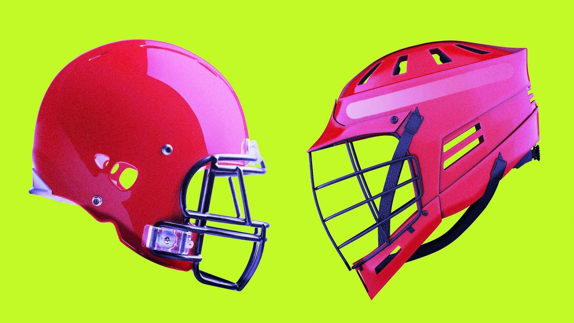 Illustration of a football helmet facing a lacrosse helmet