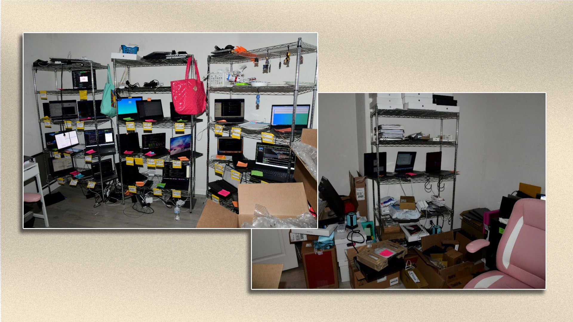 Two cluttered room views showing metal shelves with multiple laptops, tags, cables, boxes, and bags, alongside a pink and white gaming chair and scattered office supplies.