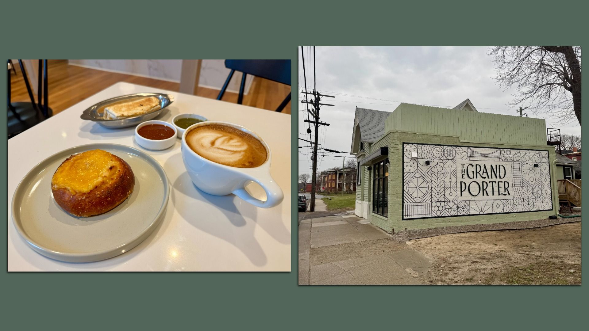 On the left, a picture of a circular pastry with a sweet custard center, a small burrito crispy with salsa on the side, and a normal-looking latte. On the right, the exterior of the building, which is a pastel green color with a white and black mural on the side. 