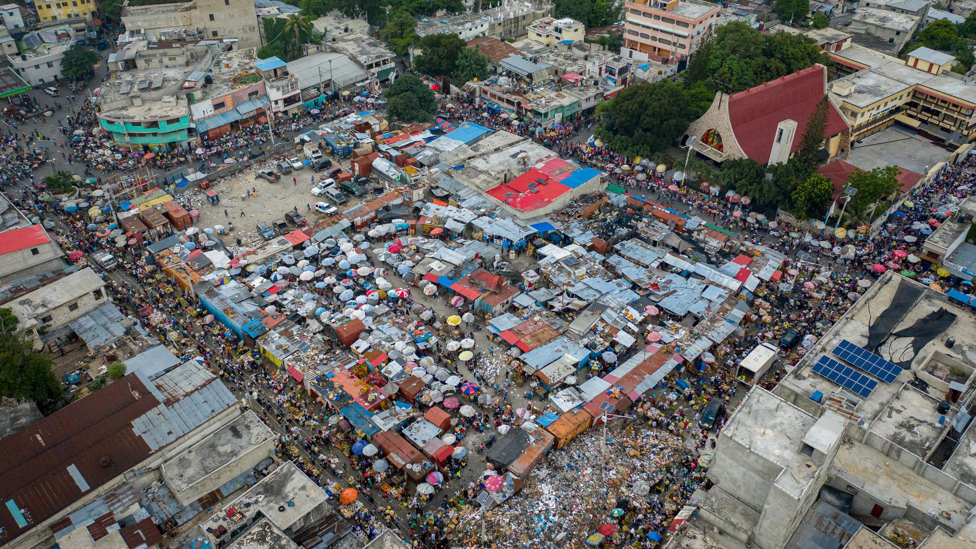 An aerial view shows a street market in Port-au-Prince, Haiti, on October 29, 2021