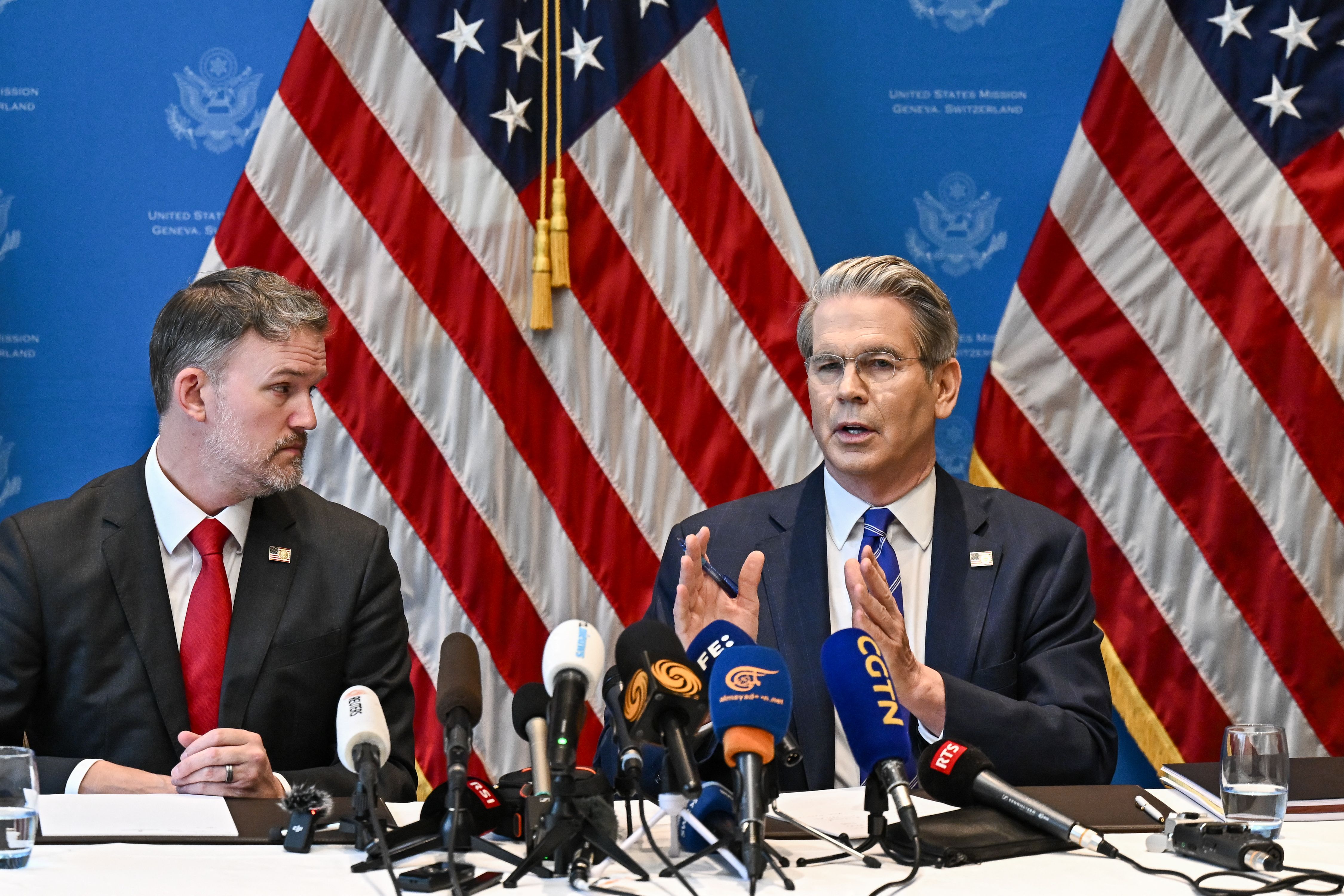 US Treasury Secretary Scott Bessent (R) and US Trade Representative Jamieson Greer hold a news conference in Geneva on May 12, 2025, to give details of "substantial progress" following a two-day closed-door meeting between US and China top officials aimed at ending a devastating tariff war. (Photo b