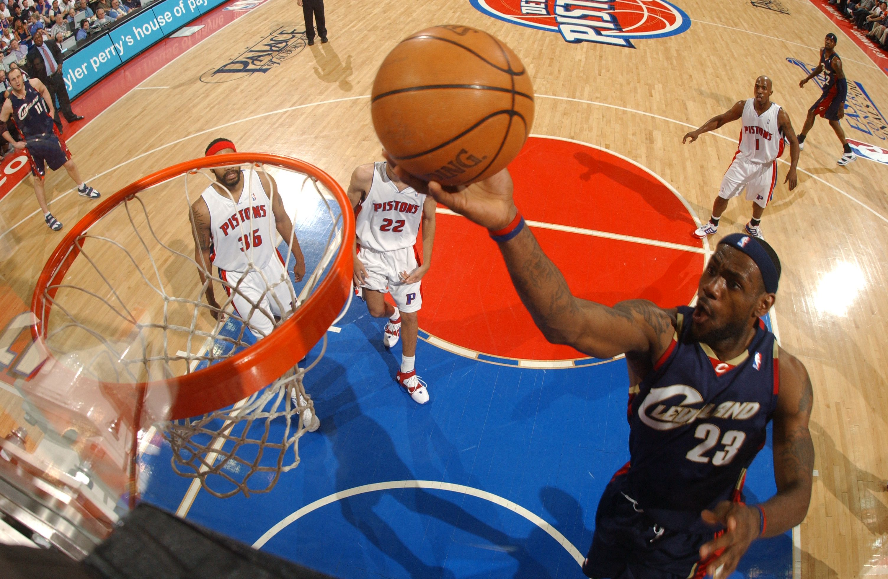 LeBron James shoots a layup against the Detroit Pistons. 
