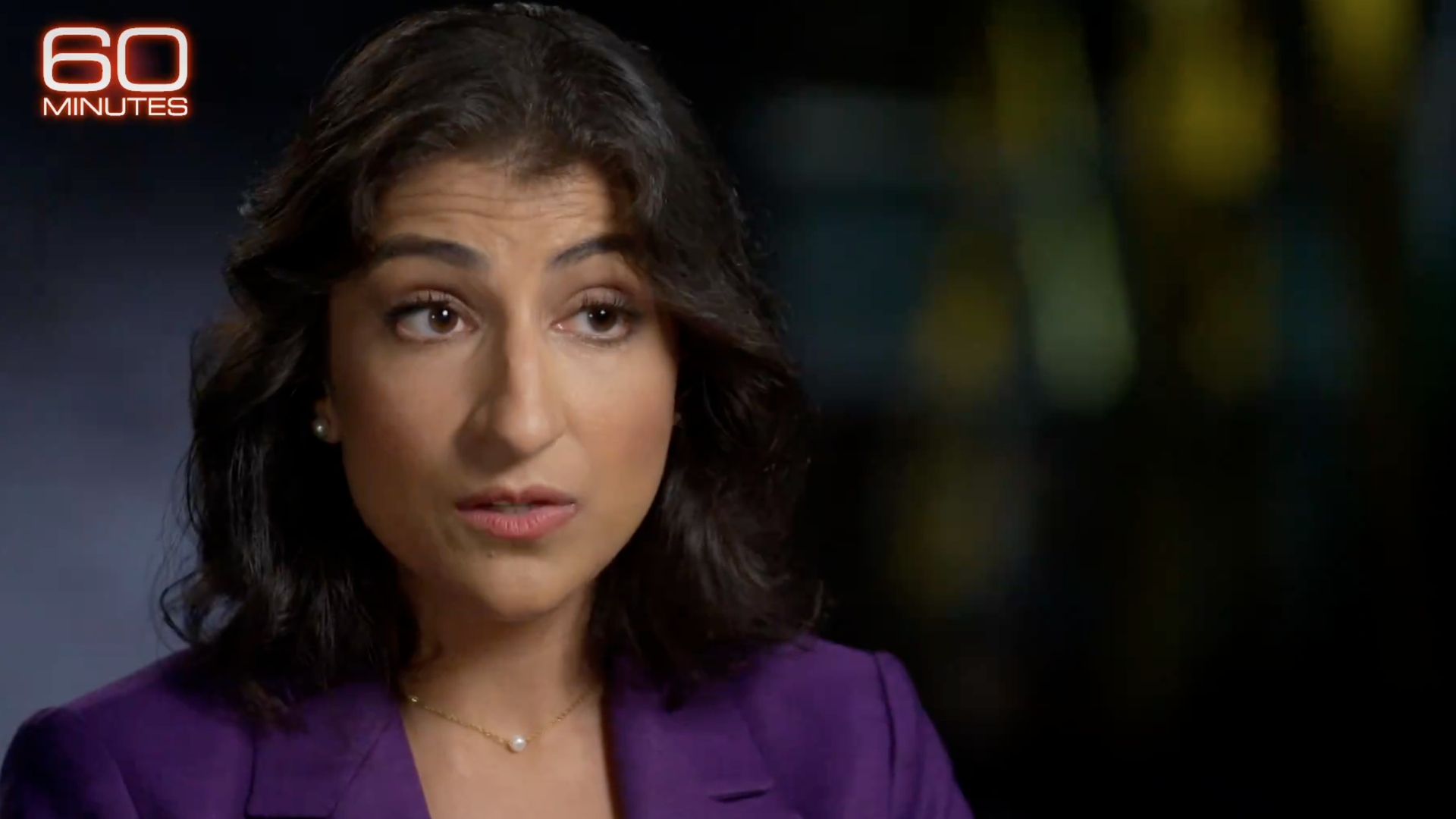 Federal Trade Commission Chair Lina Khan stares intently during her interview on CBS' "60 Minutes," which broadcast Sunday. Screenshot: CBS/"60 Minutes