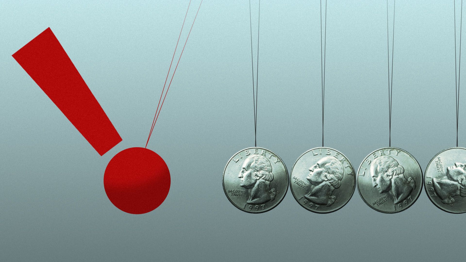 Illustration of a Newton's Cradle made out of quarters, with one about to hit the rest shaped like an exclamation point