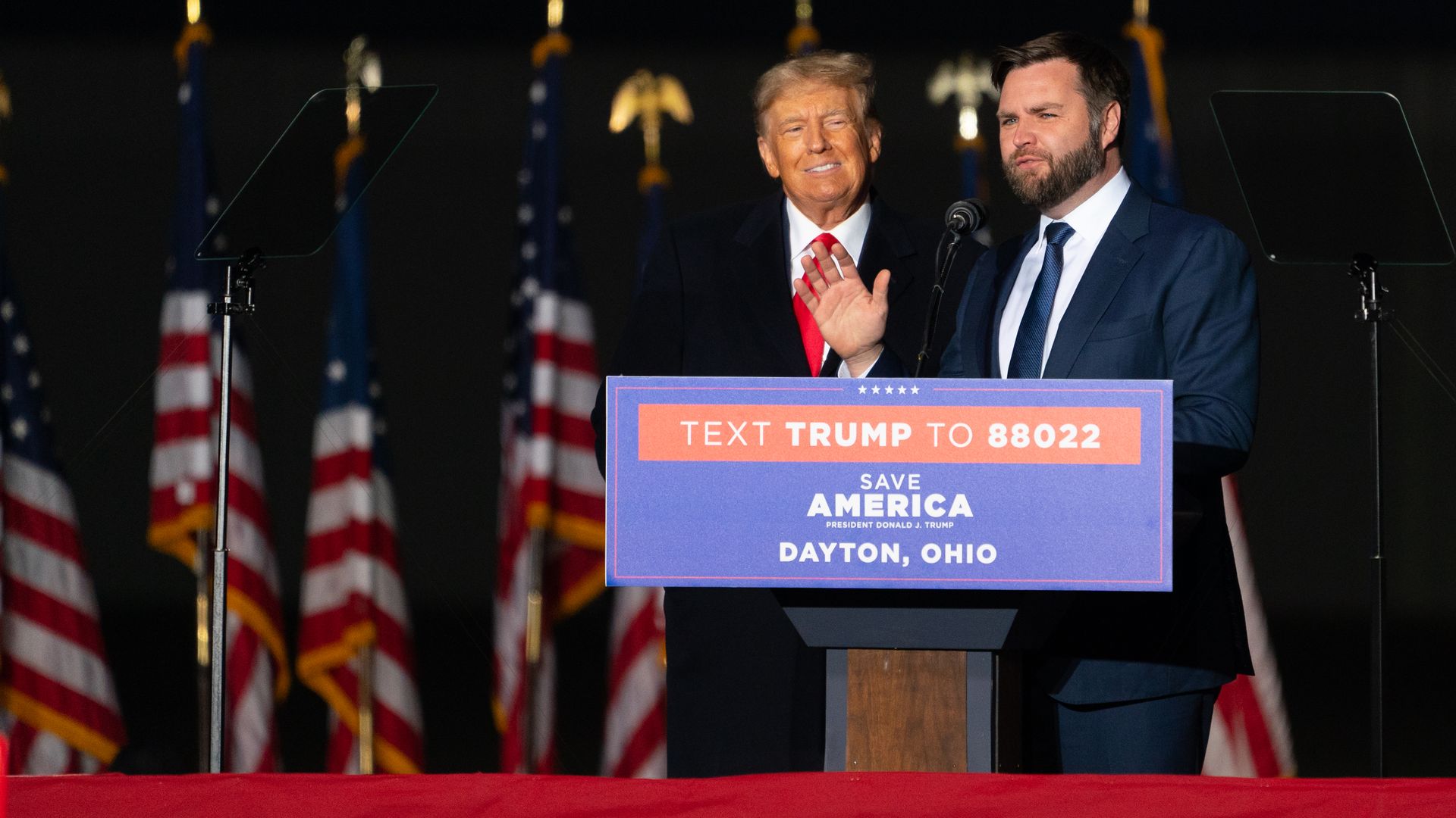 Donald Trump invited J.D. Vance, Republican candidate for the 2022 United States Senate election to the stage. His Save America Rally was held in Vandalia, Ohio on Monday, November 07, 2022.