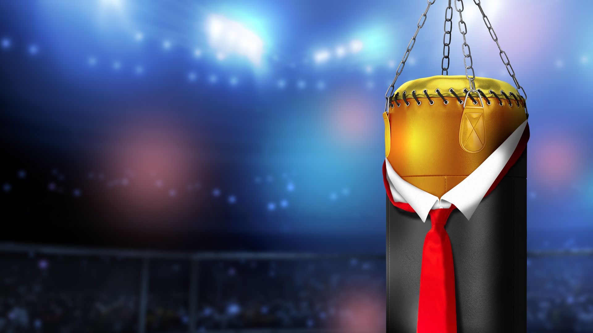 Illustration of a punching bag in the middle of a UFC octagon ring resembling Donald Trump