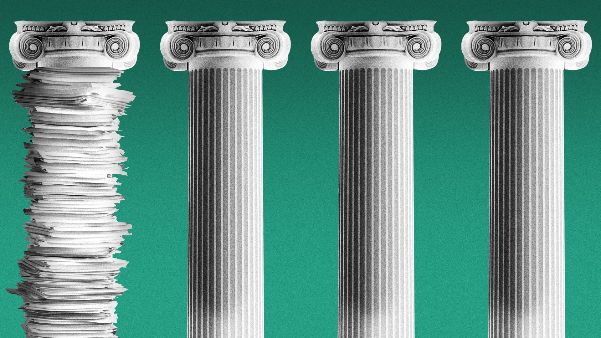 Illustration of four pillars, one made from a tall stack of papers.