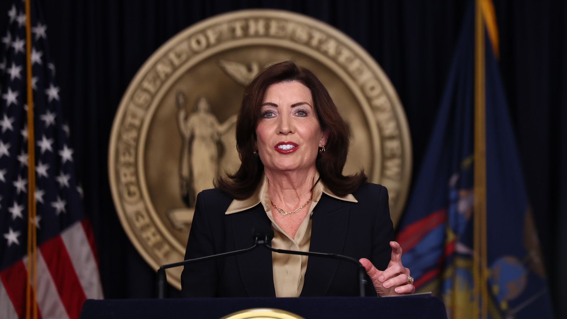 ew York Gov. Kathy Hochul speaks during a press conference at her Manhattan office on February 20, 2025 in New York City. 
