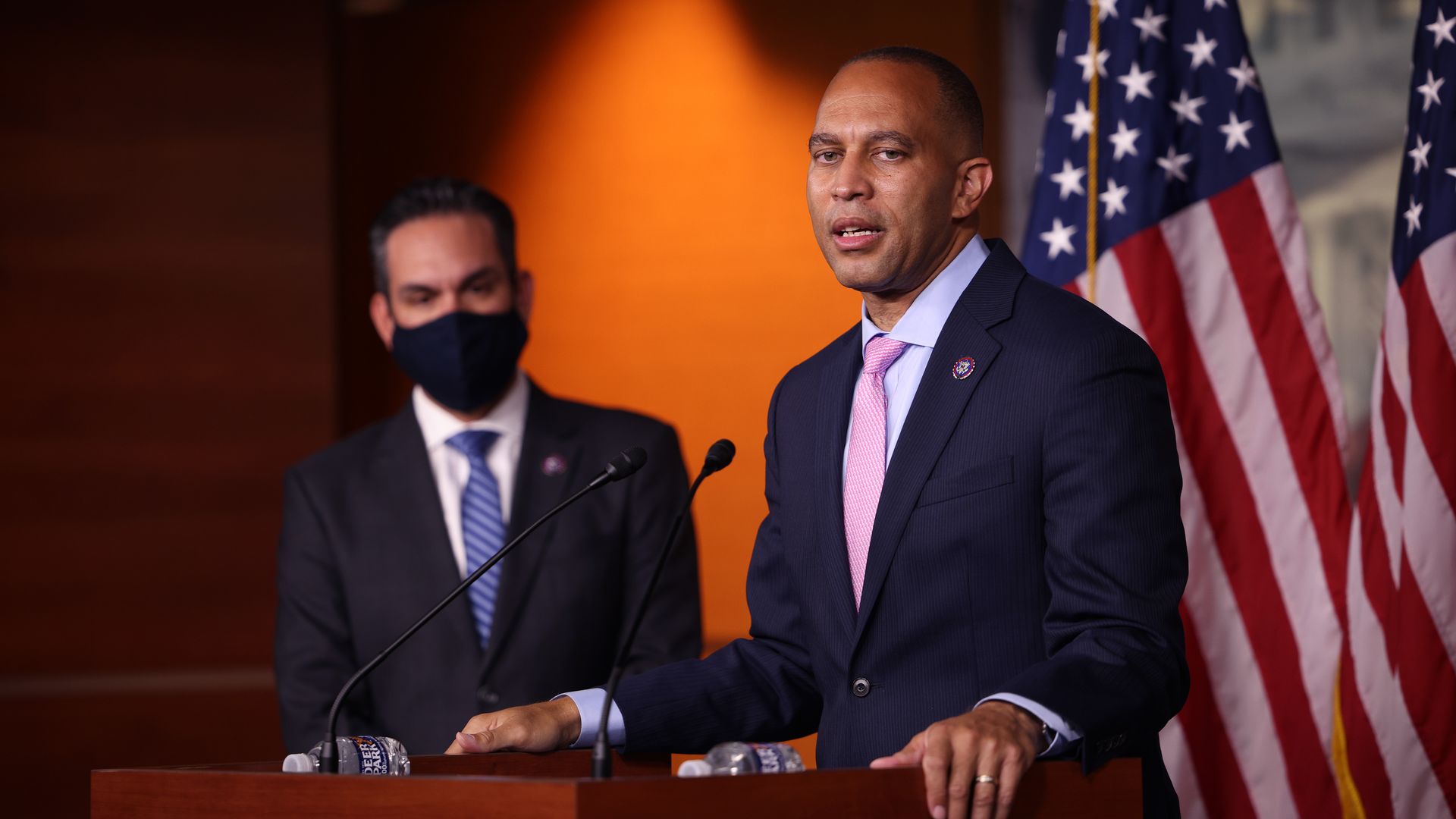 Democratic Caucus Chairman Hakeem Jeffries (D-NY) (R) and Vice Chairman Pete Aguilar (D-CA) hold a news conference.