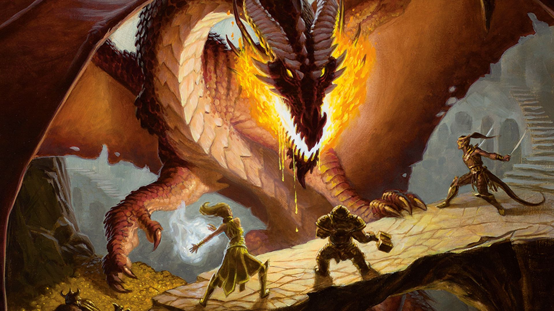 Illustration of two warriors facing a big dragon