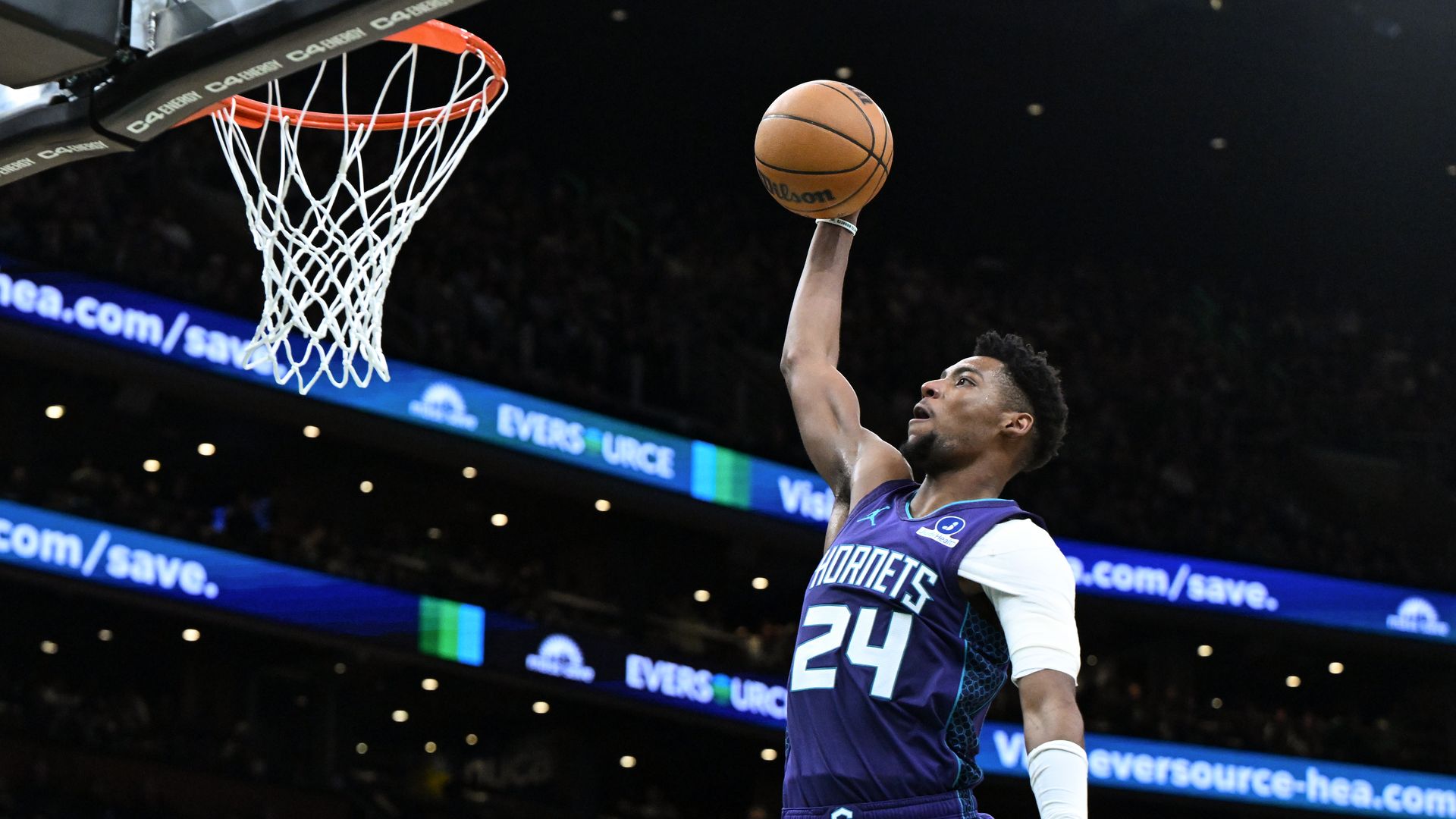 Brandon Miller #24 of the Charlotte Hornets dunks and scores against the Boston Celtics during the second half at the TD Garden on March 04, 2026 in Boston, Massachusetts. NOTE TO USER: User expressly acknowledges and agrees that, by downloading and or using this photograph, User is consenting to th