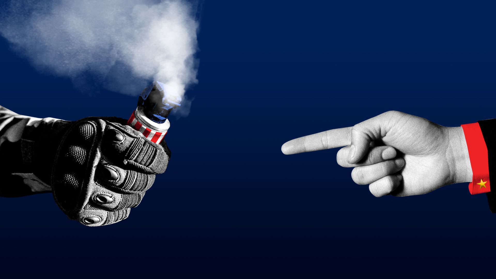 Illustration of a hand holding a tear gas canister with stars and stripes, with another hand wearing the Chinese star pointing at it.