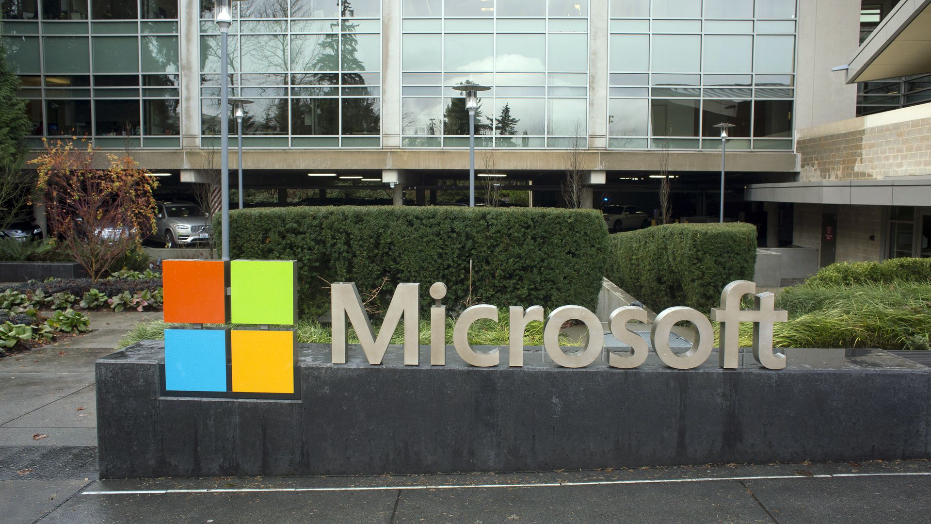 Microsoft sign at Redmond, Washington, headquarters 