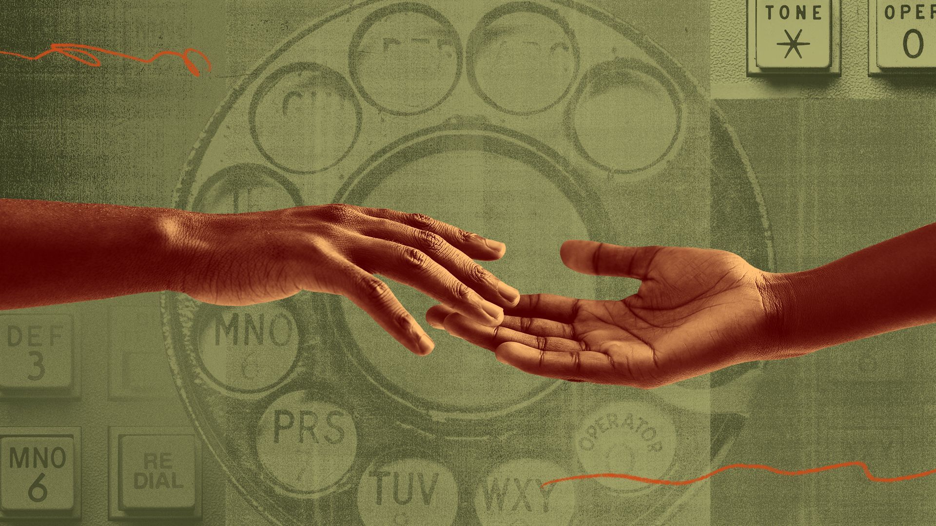 Photo illustration of two hands reaching out to each other, with abstract shapes and old telephones.