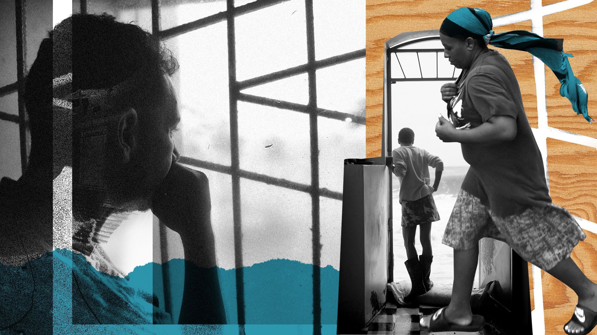 Photo illustration of various people, abstract shapes, plywood texture, and torn paper that resembles a wave.